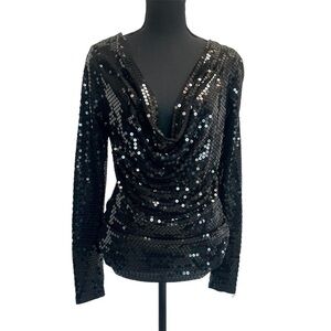 Michael Michael Kors black sequin draped Cowl neck long sleeve blouse Sz S